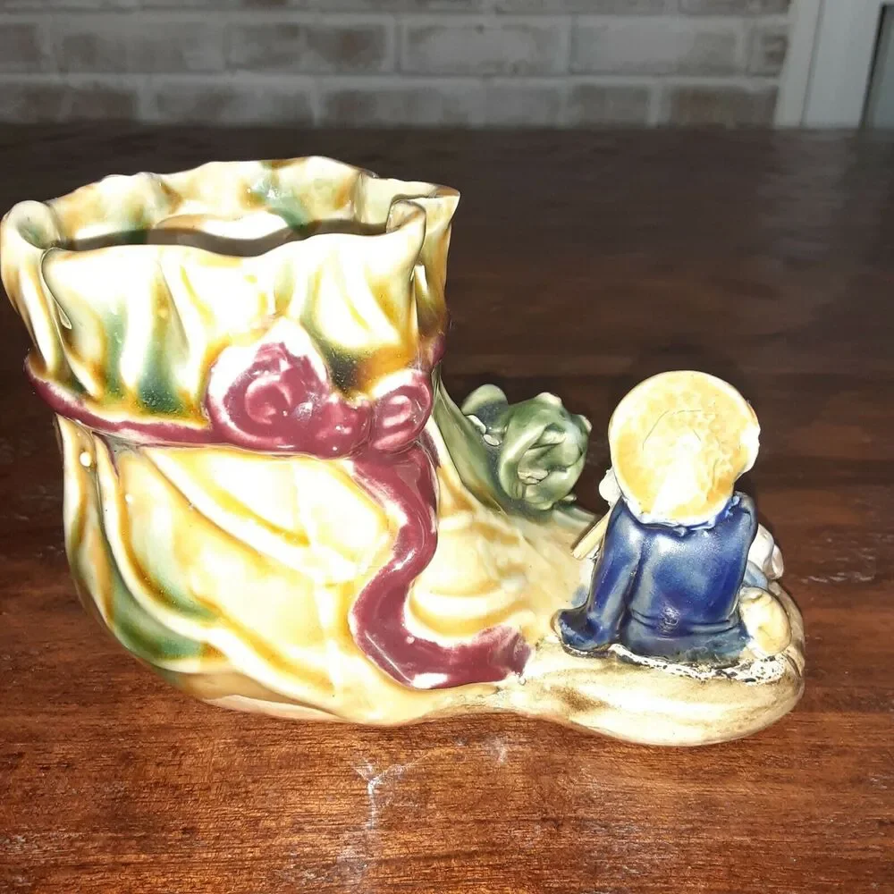 Vintage Asian Boot Vase W/ Wise Man& Frog
